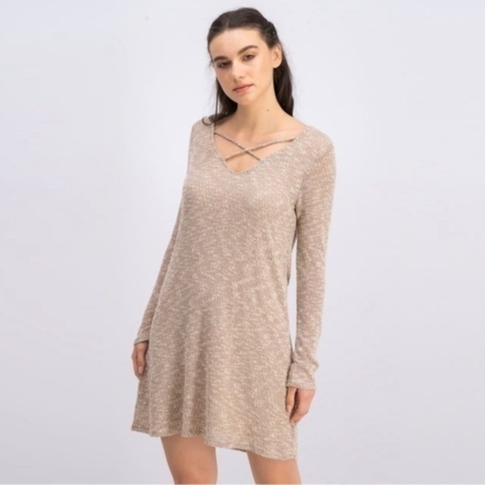 NWT Emory Park Womens Large Taupe Sara Cross Front Knit Sweater Tunic Dress L